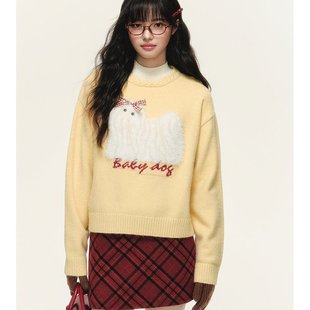 umoumo乌蘑原ntot蝴蝶结长毛小狗图案提花圆领套头毛衣可爱上衣