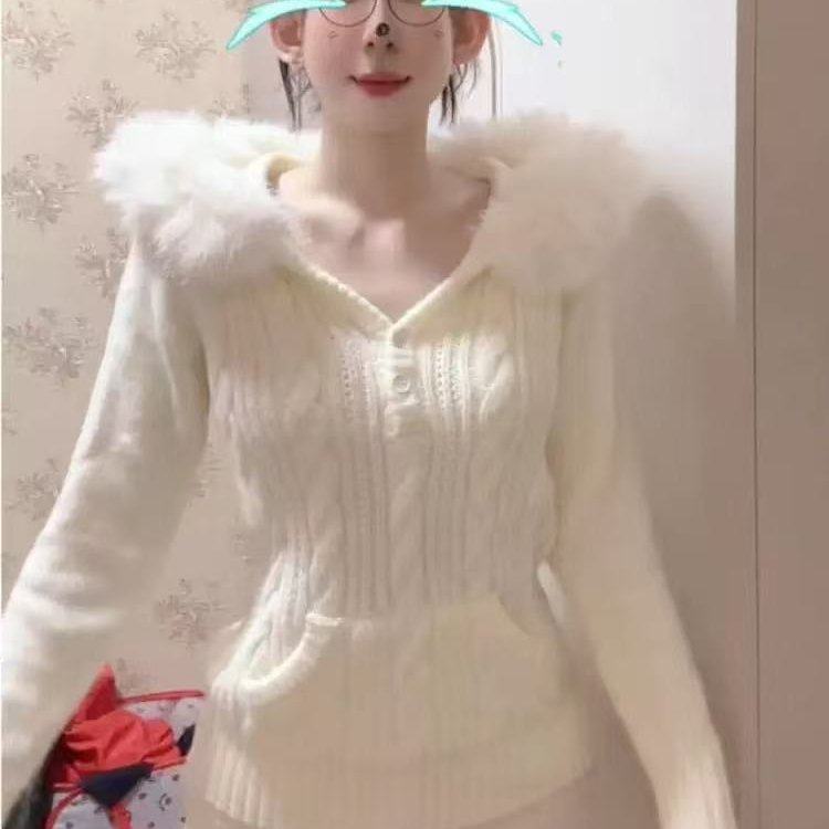 2025秋冬季新款韩系氛围感显瘦百搭甜美毛领针织上衣修身麻花毛衣