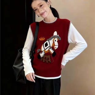 卡通风小马图案针织马甲女2026年春季圆领套头宽松红色外穿上衣潮