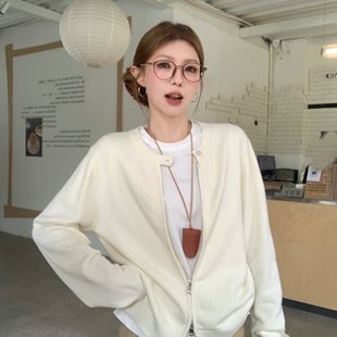 实拍 绵羊毛针织开衫外套女秋冬圆领宽松拉链毛衣