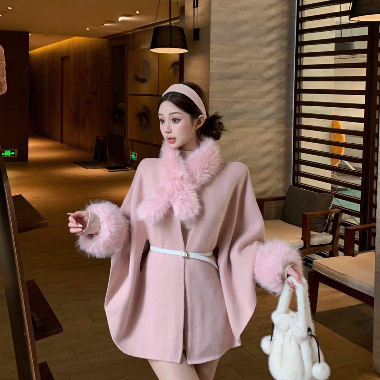 实拍～秋冬 韩系慵懒感可拆卸毛领大衣中长款系带收腰外套 配皮带