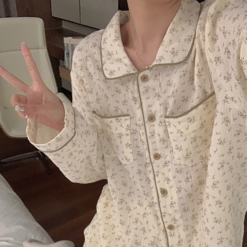 韩版温柔少女小碎花睡衣女春秋季纯棉麻撞色长袖长裤家居服套装冬