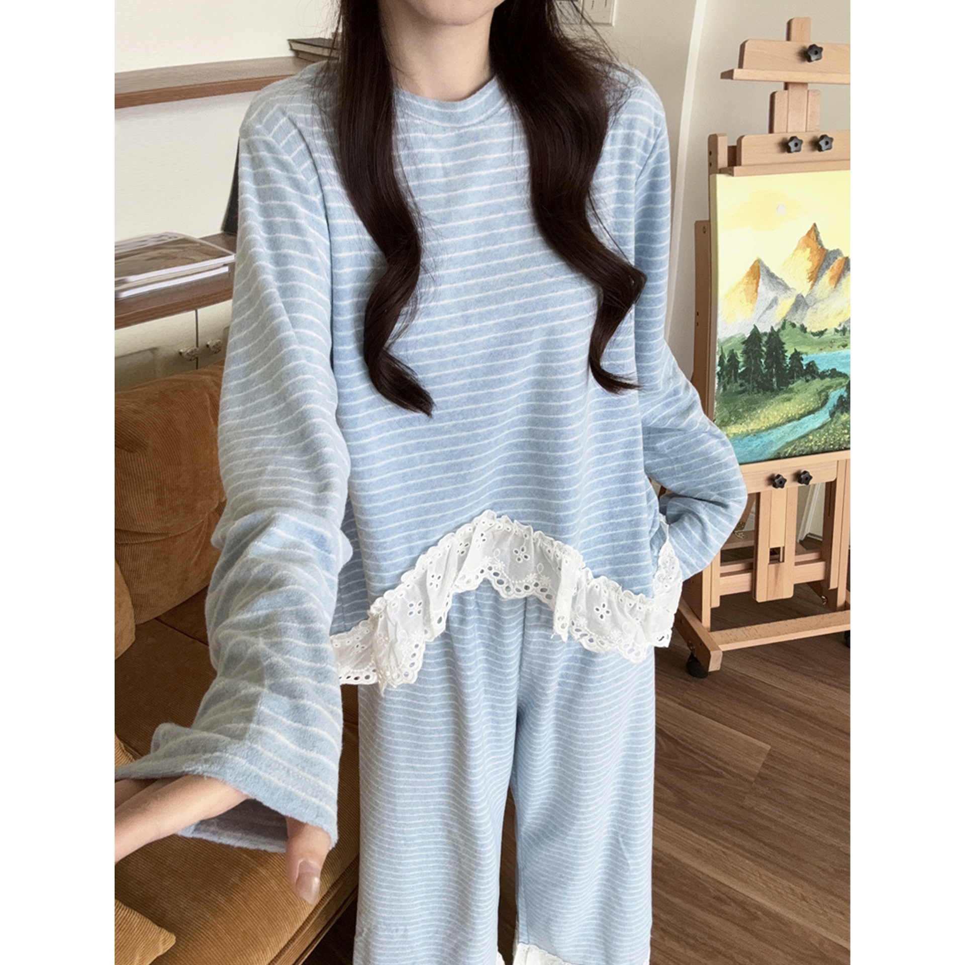 韩版蕾丝条纹加厚睡衣女款秋冬季长袖甜美休闲毛巾绒布家居服套装