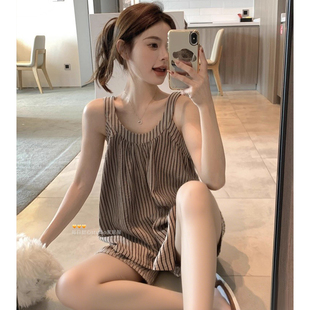 甜美条纹纯棉纱布家居服套装 吊带睡衣女夏季 韩版 薄款 外穿 背心短裤