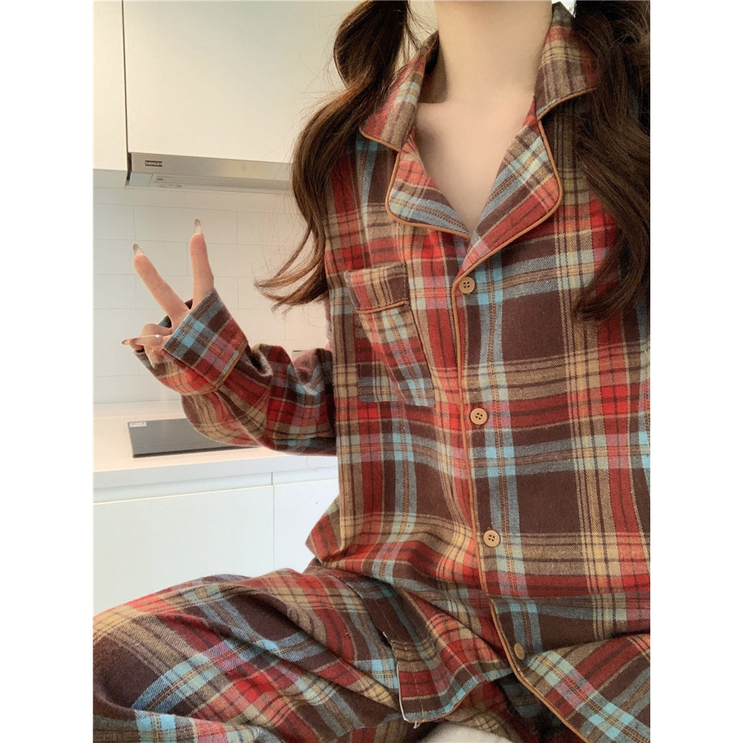 韩国复古纯棉麻磨毛格子睡衣女春秋冬季格纹长袖长裤家居服套装厚