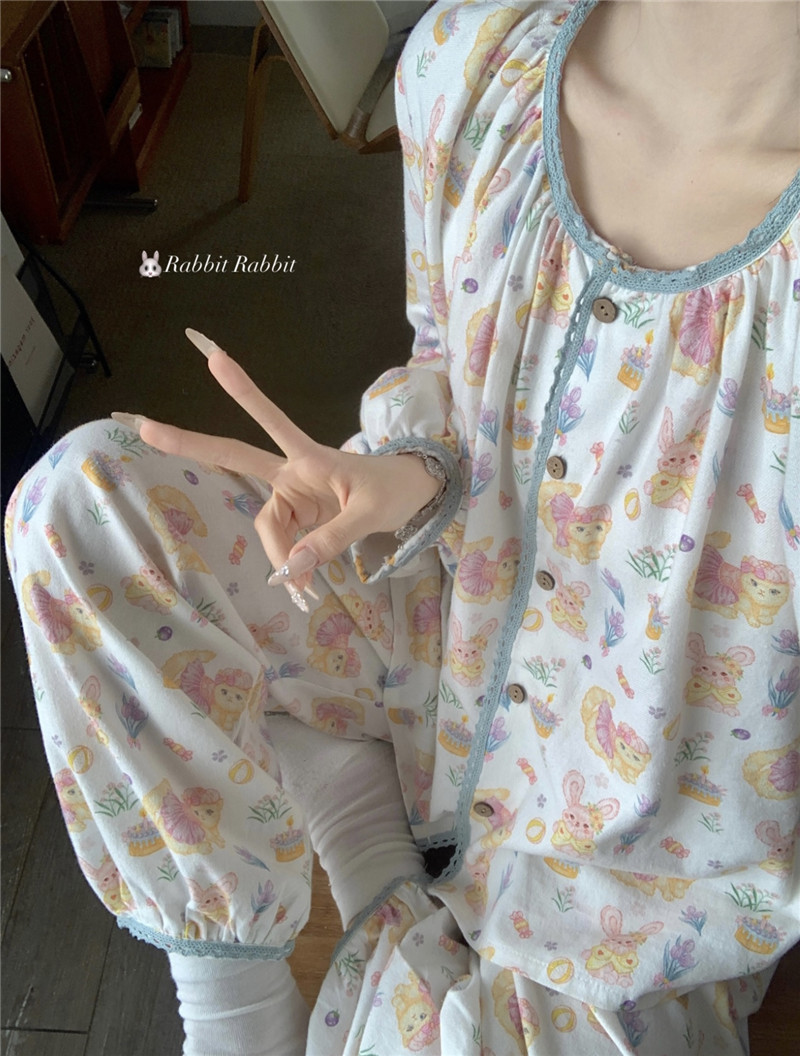 睡衣女秋冬季韩版可爱小猫纯棉麻磨毛圆领长袖长裤家居服套装春季