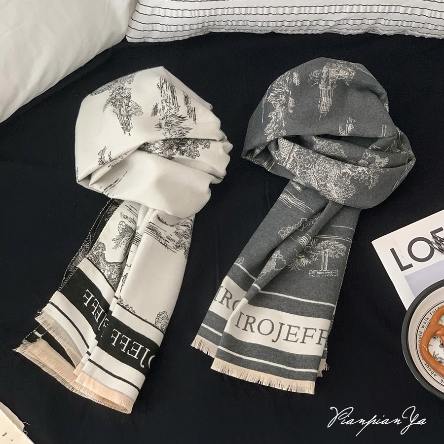 复古山水画围巾双面仿羊绒围巾秋冬办公室加厚保暖披肩百搭围脖