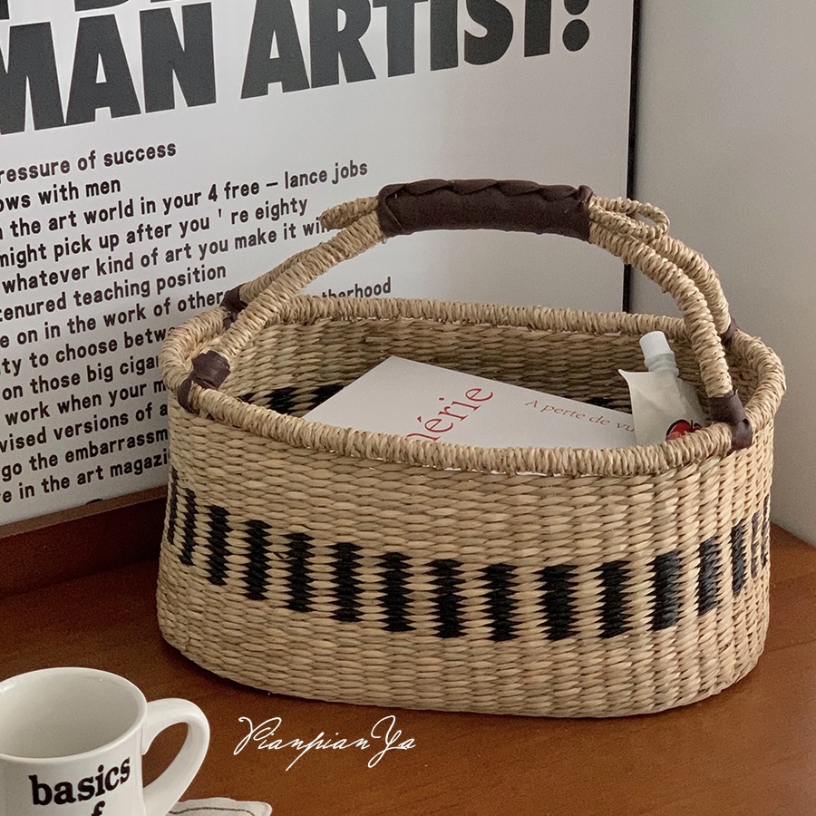海草编织收纳篮彩色手工编织桌面整理筐水果买菜野餐零食收纳篮子