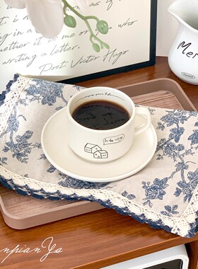 法式复古蓝色碎花棉麻餐垫桌面蕾丝花边餐巾西餐垫拍照装饰背景布