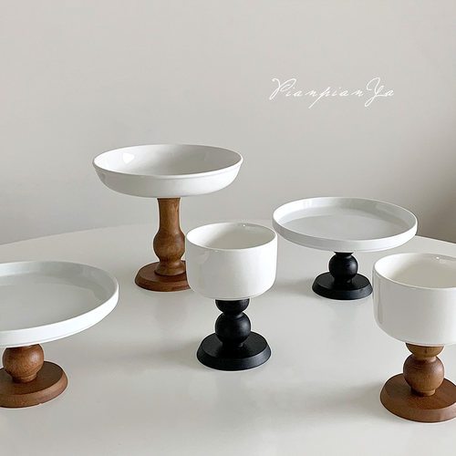 Ins风复古法式木质高脚陶瓷盘