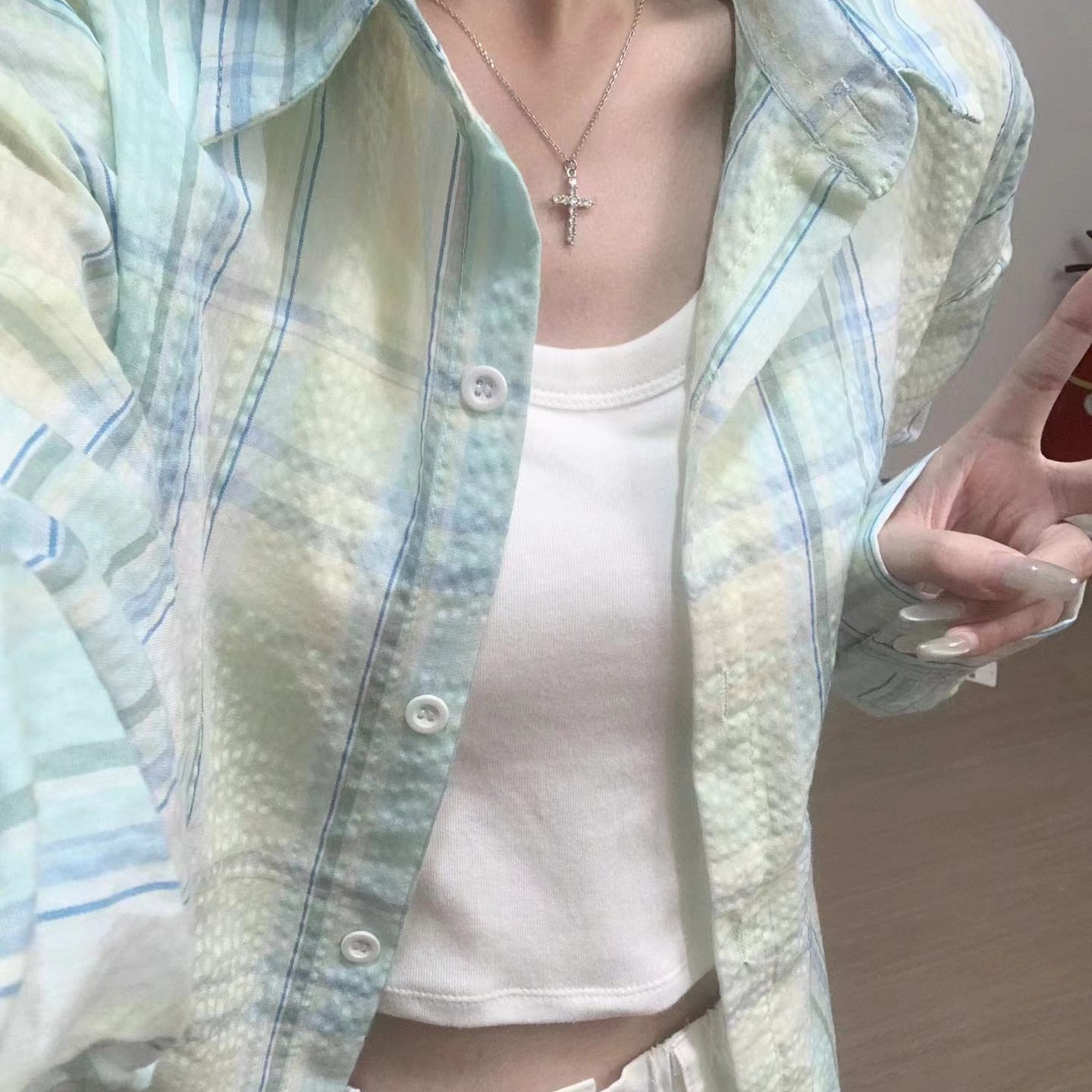 薄荷蓝绿格子衬衫薄外套百搭小众