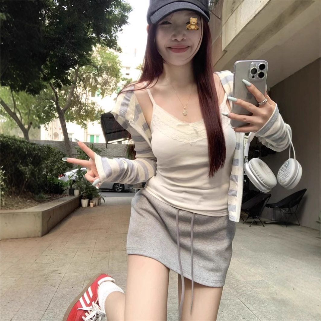 辣妹复古条纹连帽长袖T恤秋季修