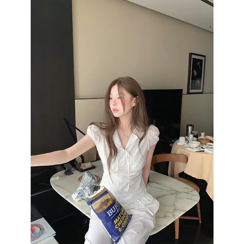 夏季小个子纯色v领短袖衬衫女韩