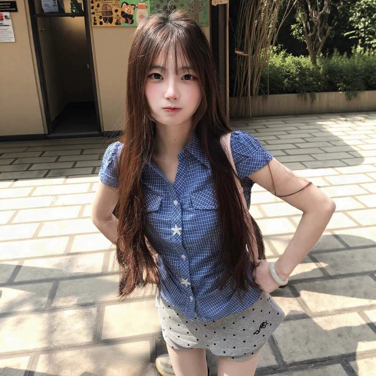 夏季蓝色格子短袖衬衫女韩系学院