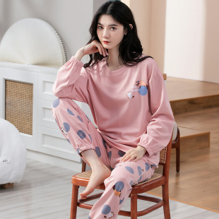 新款纯棉春秋冬款长袖加厚睡衣女款外出可穿套头家居服