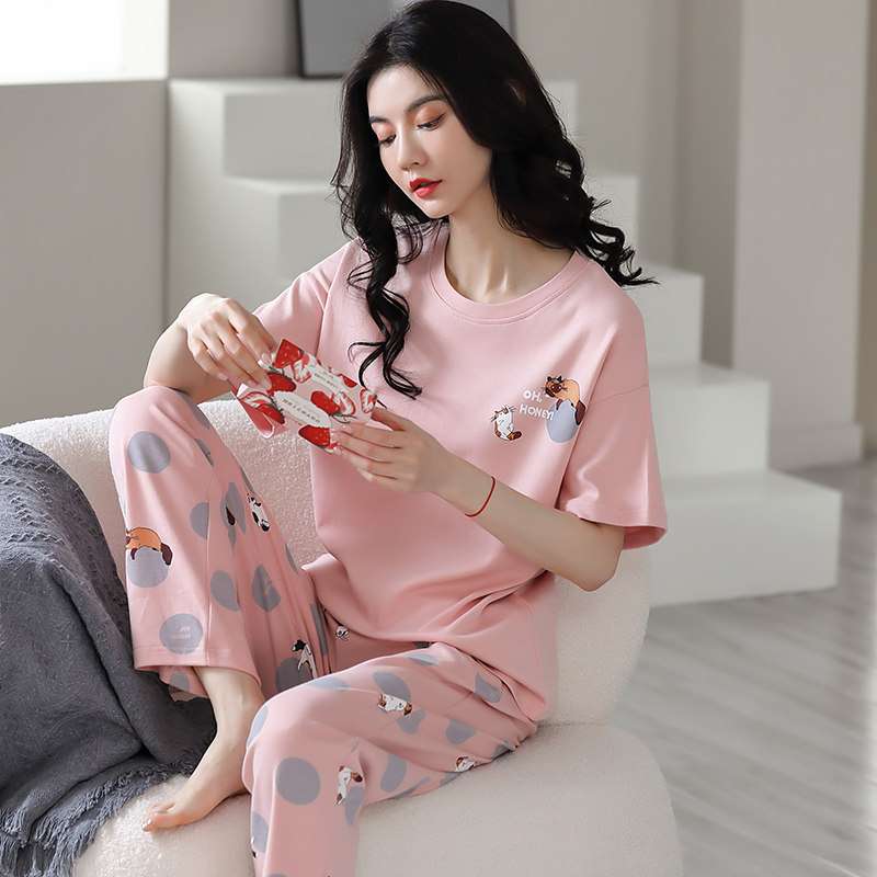 新款纯棉春秋冬款长袖加厚睡衣女款外出可穿套头家居服
