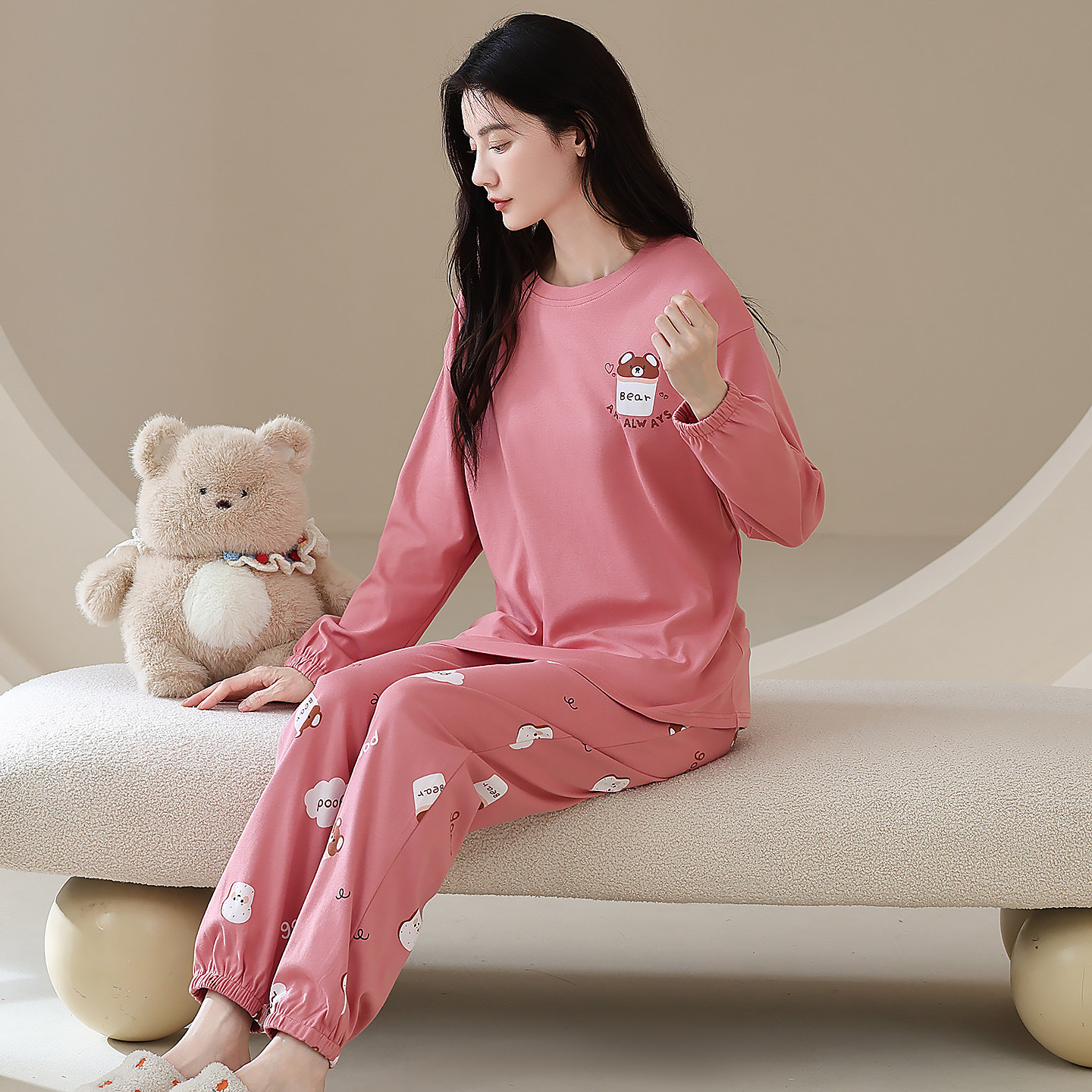 100%新款纯棉春秋冬款长袖加厚睡衣女款外出可穿套头家居服