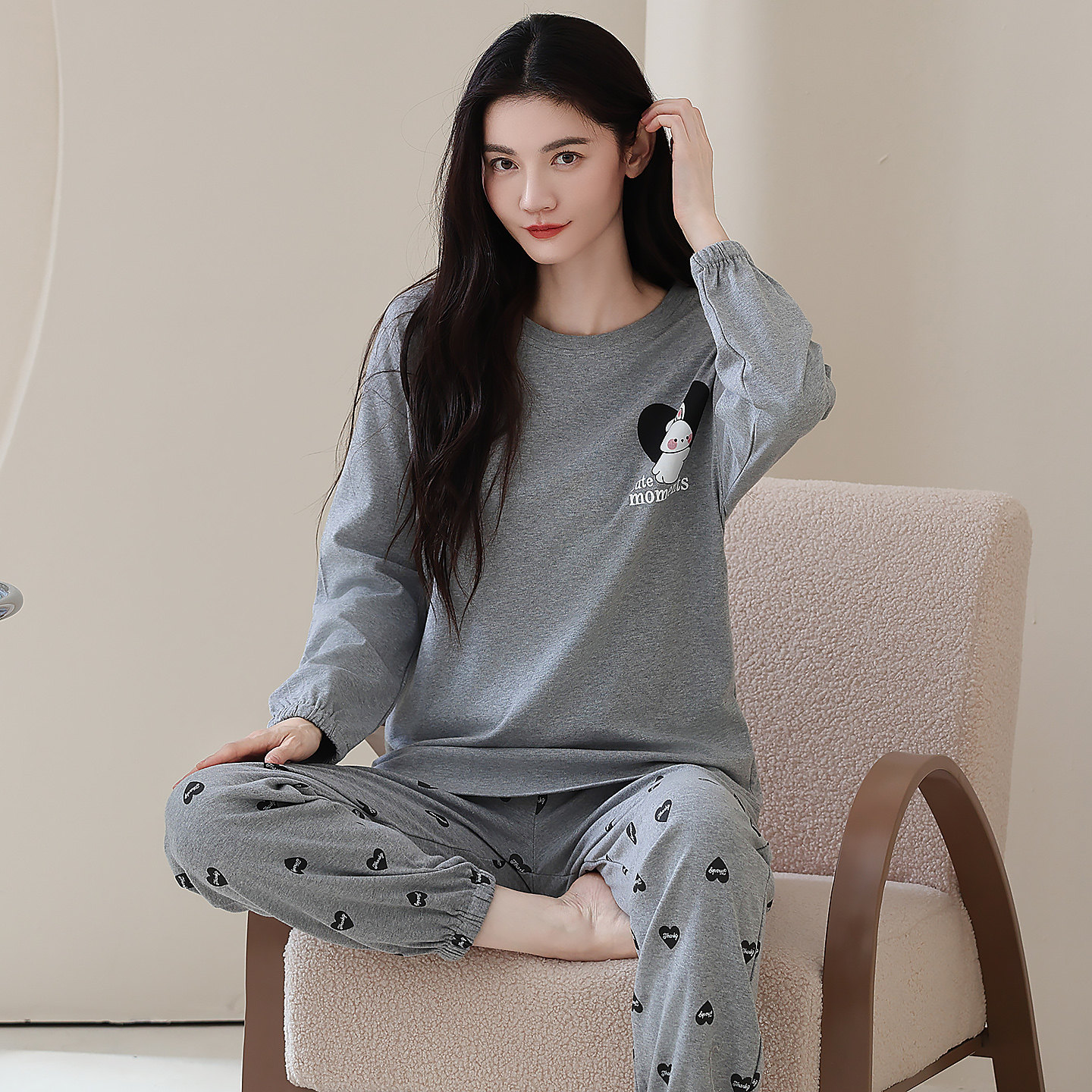 100%新款纯棉春秋冬款长袖加厚睡衣女款外出可穿套头家居服