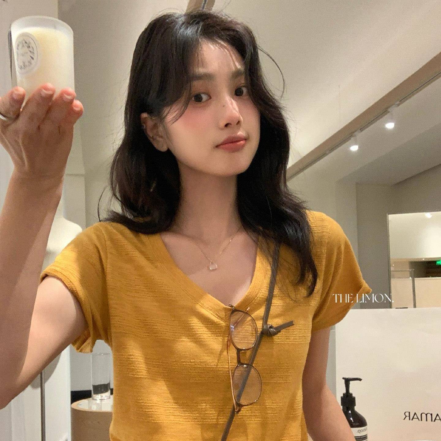 龙妹橙橘色棉麻正肩V领短袖T恤女2026夏新款韩系穿搭宽松显瘦上衣