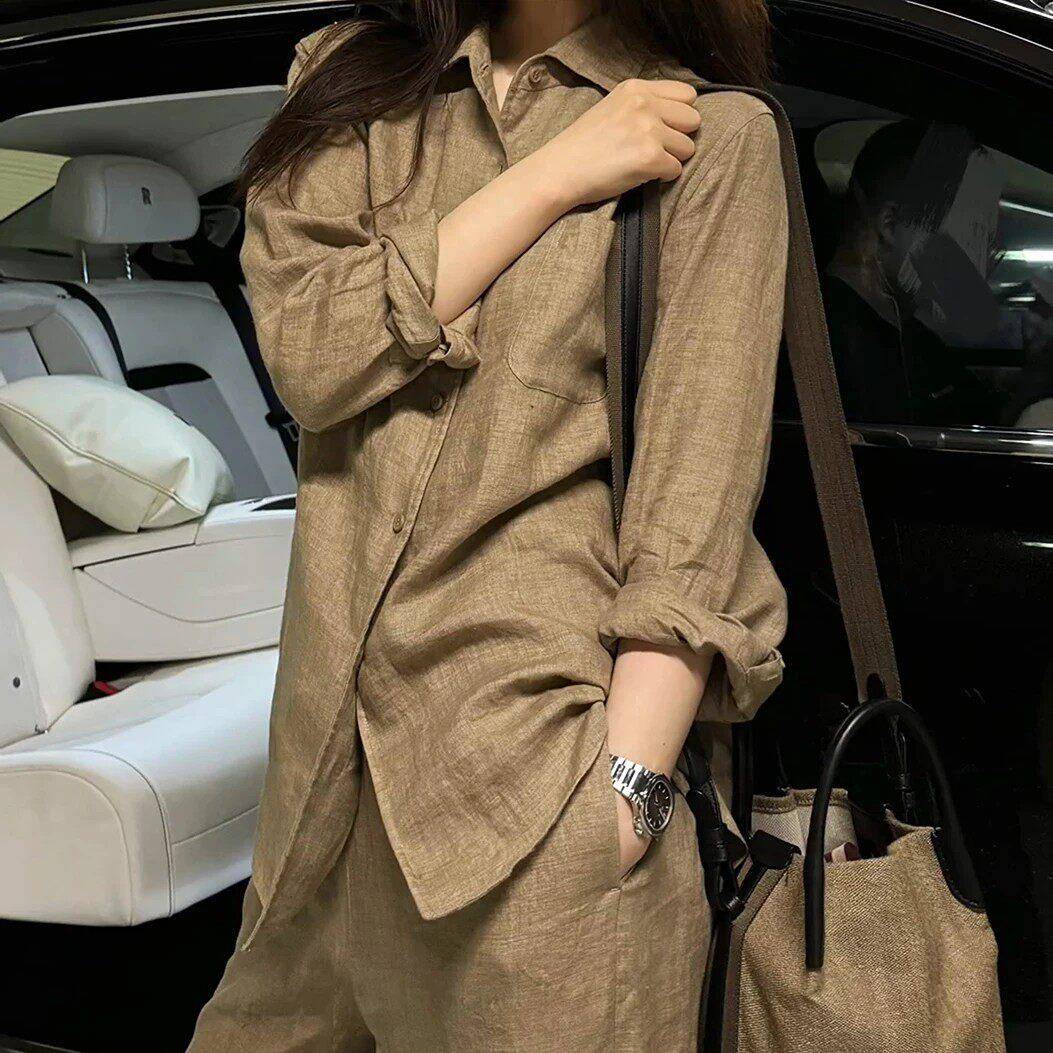 老钱风天丝亚麻防晒衬衫女夏搭配一整套气质高级感阔腿裤两件套潮