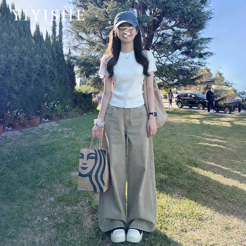 美式卡其色阔腿牛仔裤女2026夏季新款宽松显瘦慵懒垂感垂感直筒裤