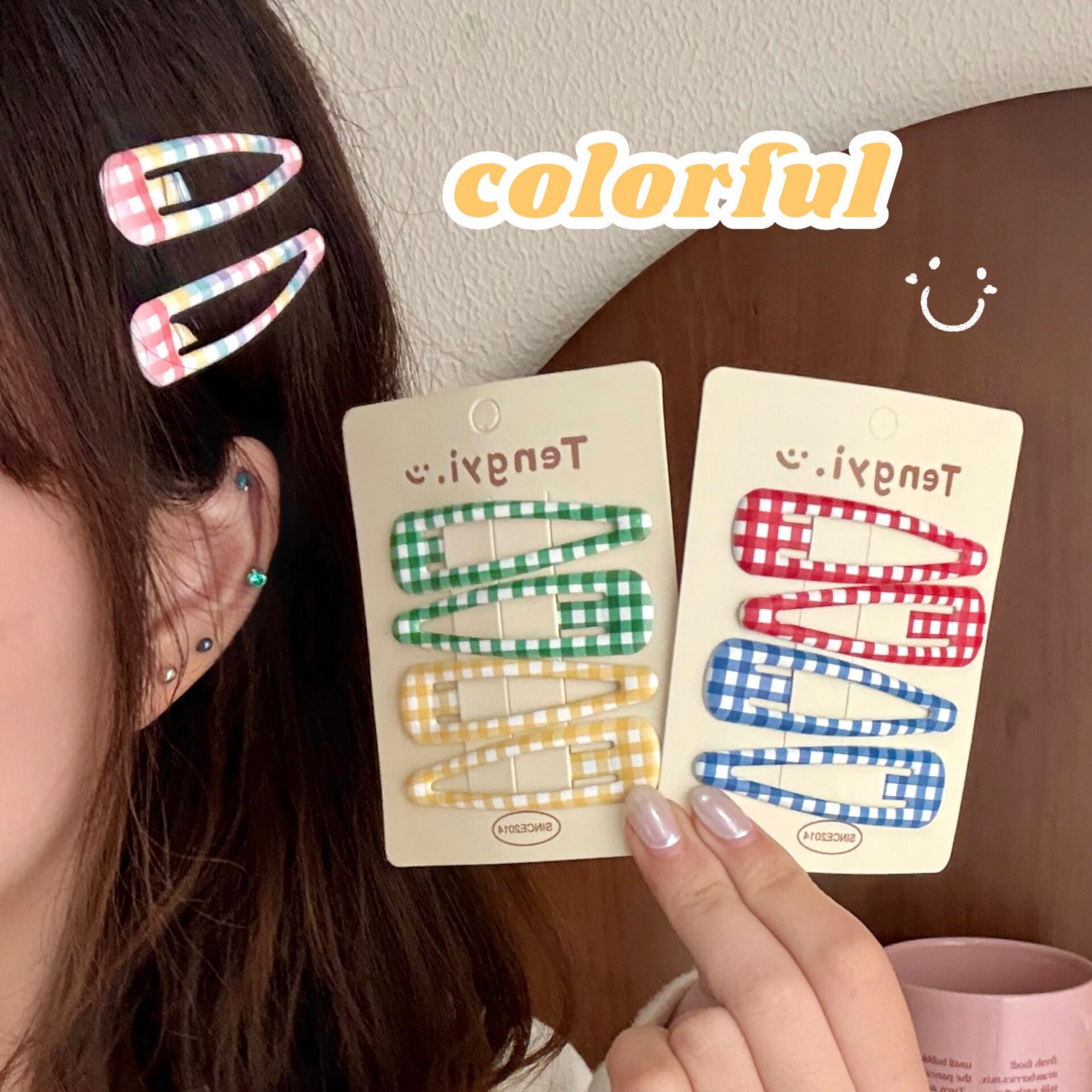 彩色格纹滴油水滴BB夹少女心气质百搭刘海夹学院风撞色前额碎发夹