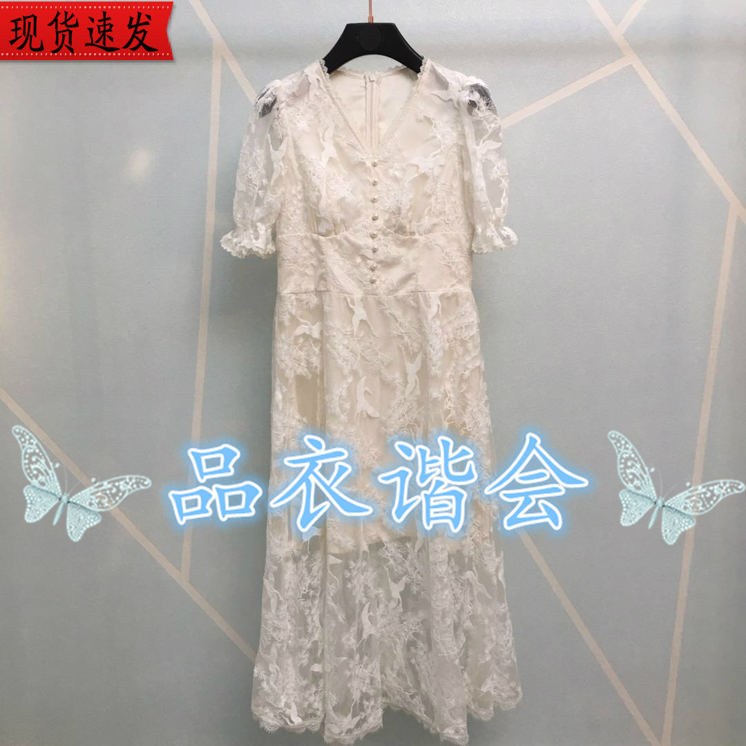 id 女装2024夏新款国内代购同款V领网纱绣花蕾丝泡泡袖短袖连衣裙