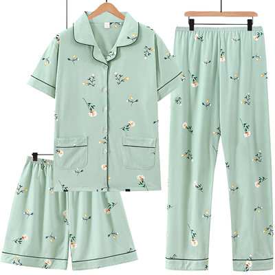 女士新款纯棉短袖长裤短裤钮扣薄款夏天家居服可外穿花睡衣三件套