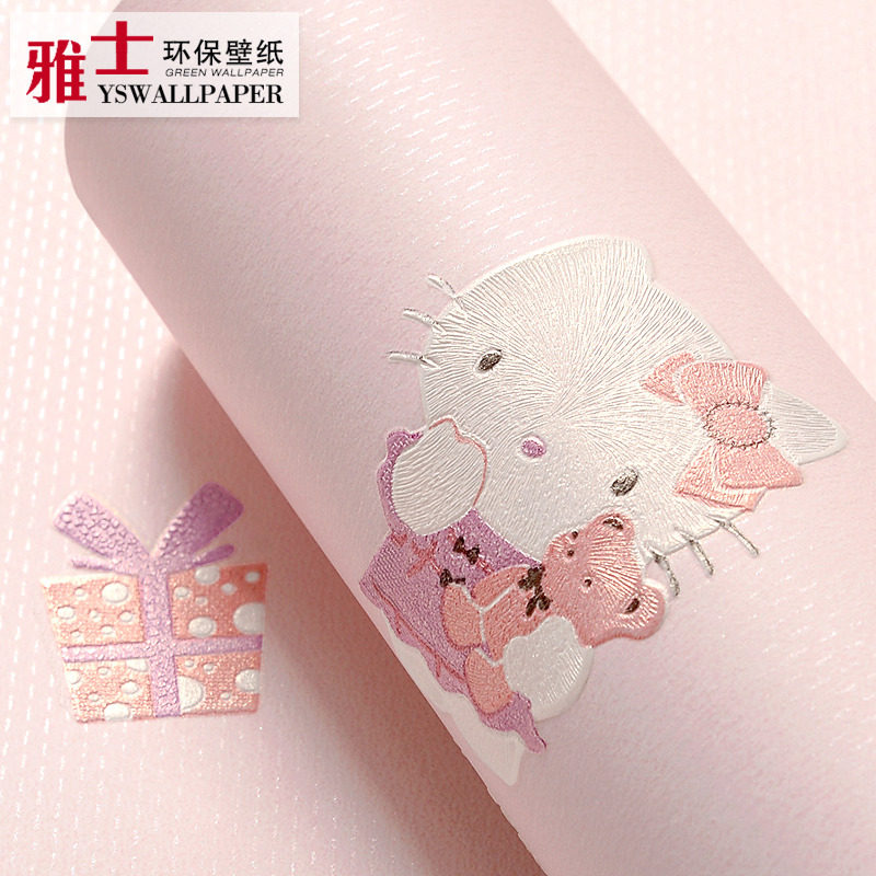 儿童房间墙纸卡通女孩卧室哈喽hellokitty凯蒂猫咪公主风粉色壁纸