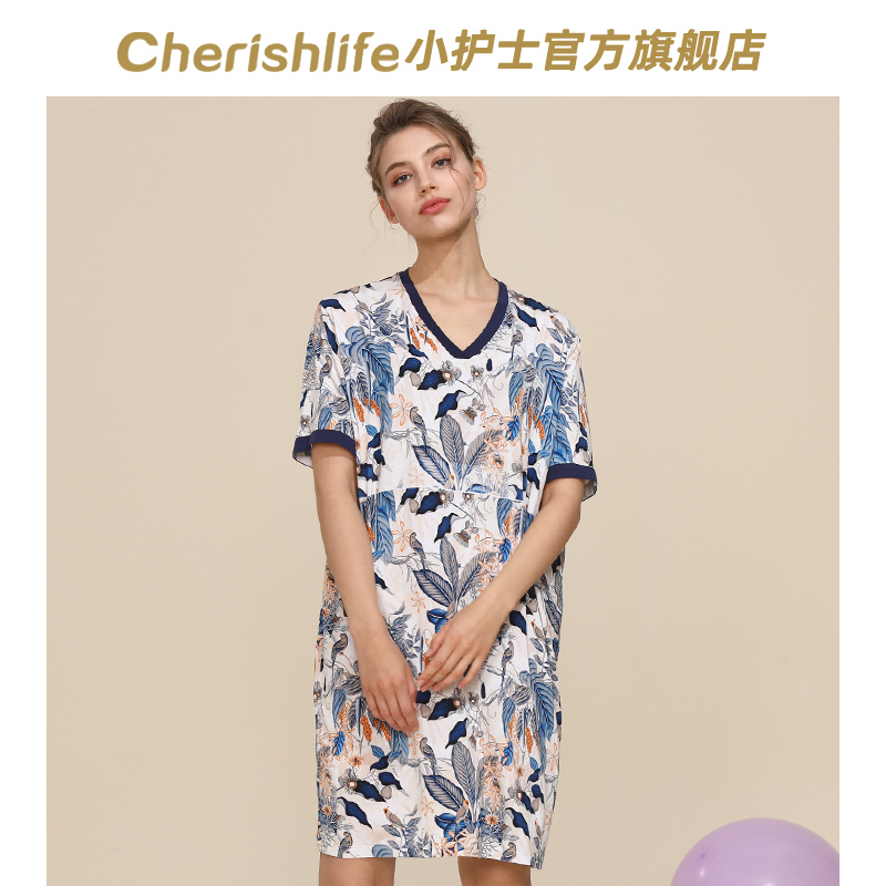 小护士睡裙女夏薄款休闲外穿五分短袖裙子宽松大码家居服睡衣中裙