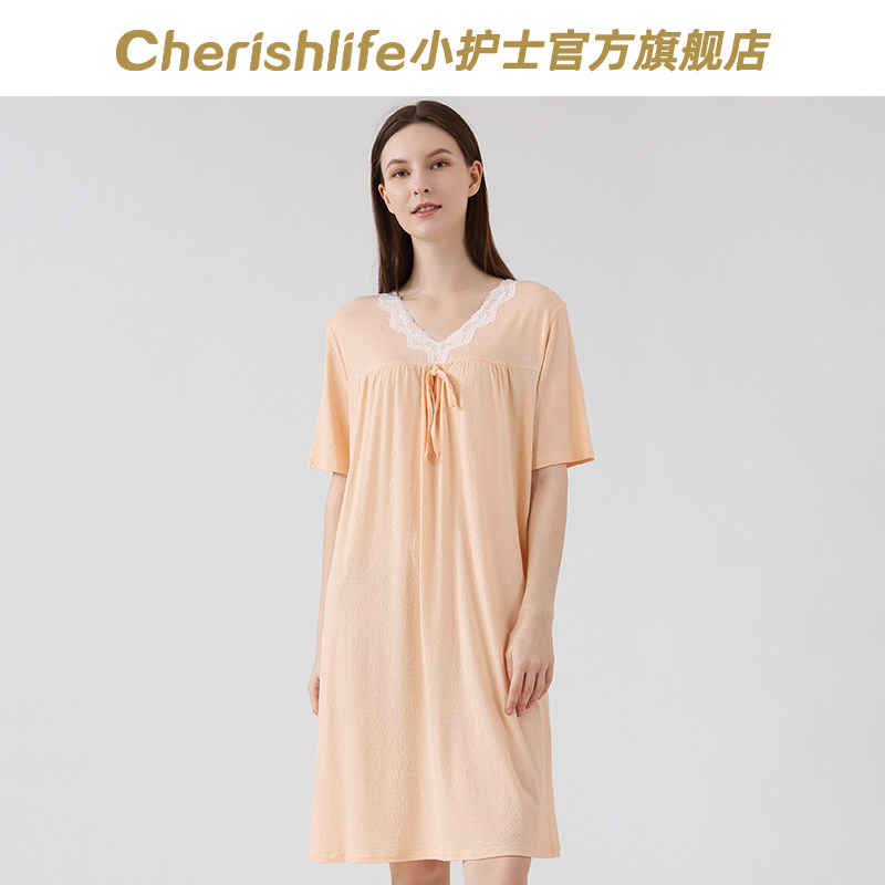 小护士短袖裙子女士夏季薄款花边睡裙休闲宽松家居服V领睡衣中裙
