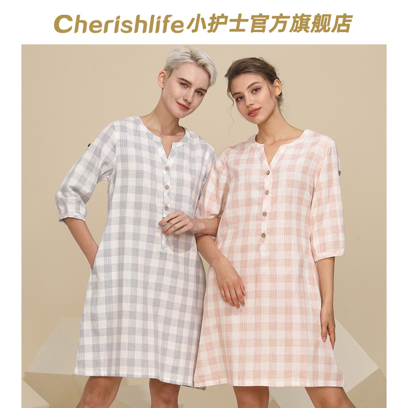 小护士棉纱布睡裙女夏薄款休闲外穿五分袖家居服宽松大码纯棉睡衣