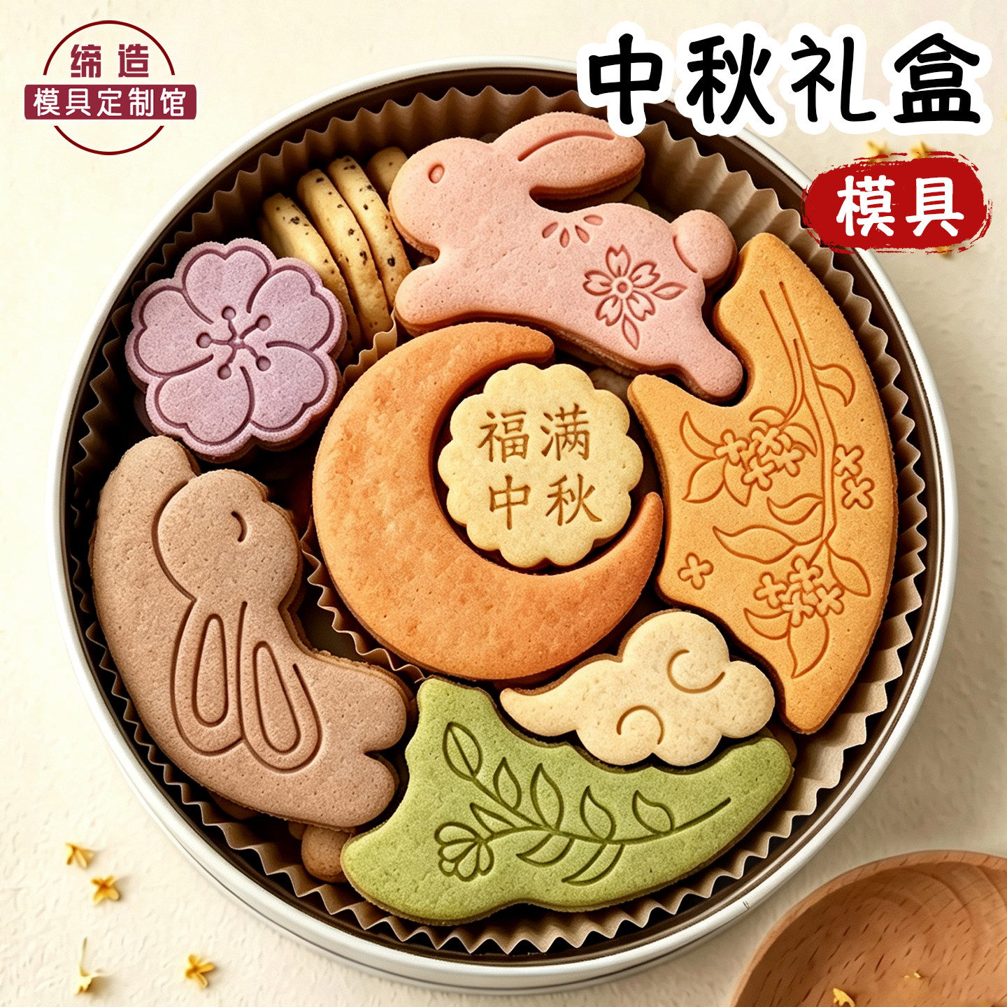 中式中秋节饼干模具月兔子桂花拼图曲奇圆形礼盒家用diy烘焙工具