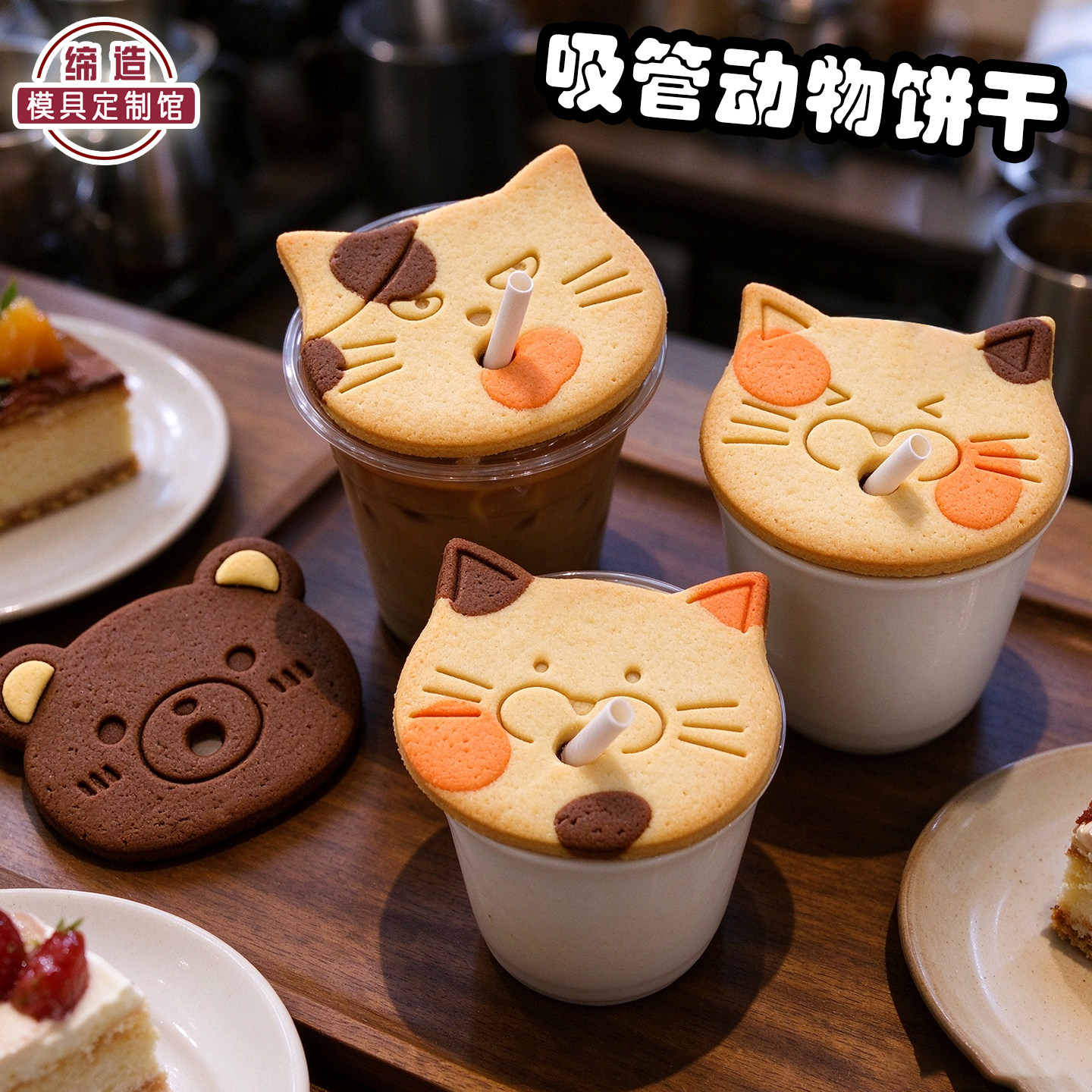 网红吸猫狗饼干模具可爱小猪吸管咖啡杯装饰曲奇印花按压烘焙工具