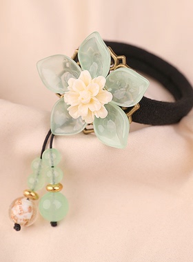 复古马尾扣发圈森女系发绳绿色花朵东陵玉民族风头饰发饰古风头绳