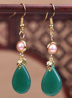 绿色珍珠复古玛瑙耳坠原创设计民族风耳饰短款简约古风水滴耳环女