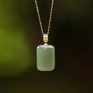 镀24K金天然和田玉青玉吊坠项链钱币无事牌简约气质复古玉项挂坠