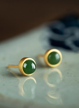 仿和田玉碧玉耳钉女高级感轻奢玉石绿色金镶玉耳饰新中式百搭耳环