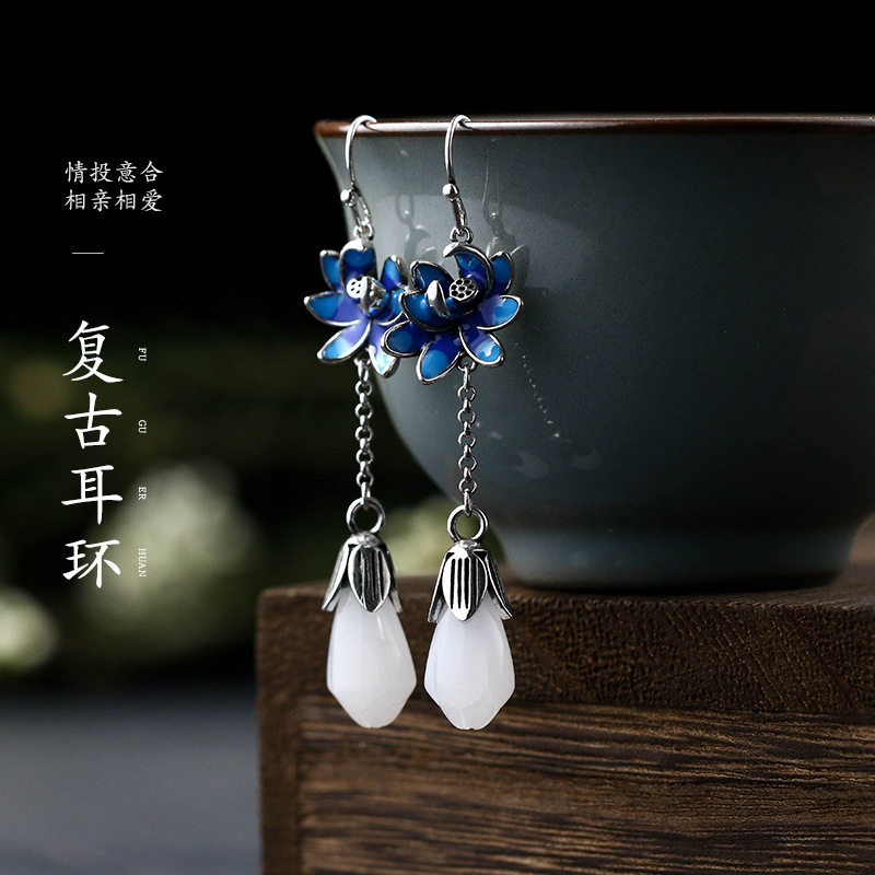 中国风耳环配饰电镀泰银耳饰镶长款玉兰花水滴莲蓬复古耳坠女士礼