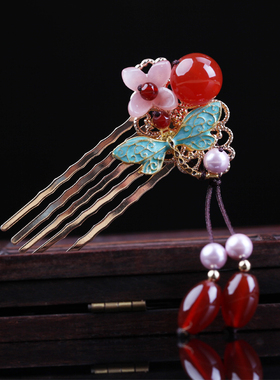 红色发梳古风汉服发夹超仙步摇宫廷典雅头饰碎发装饰发卡秀禾发饰