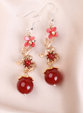 长款耳环女红色流苏耳坠925银耳饰中式气质民族古风红玛瑙耳夹