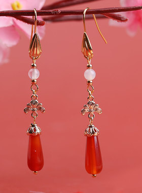 本命年红色耳环耳坠女耳饰新款气质民族风小清新简约长款吊坠礼品