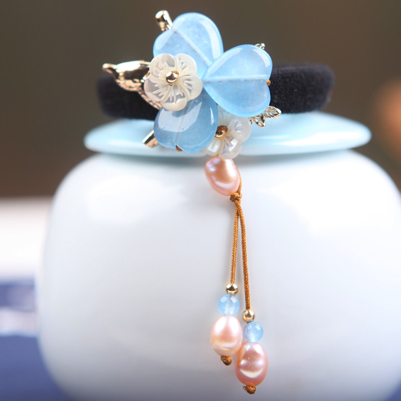 花瓣头饰蓝色水晶发饰汉服盘发民族风发圈高弹力头绳古风橡皮筋