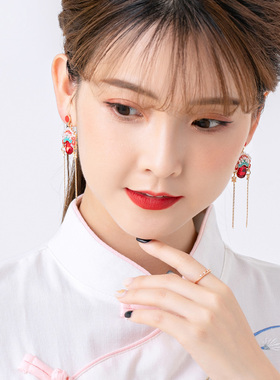 中国风红色少女系耳环女简约气质百搭锆石京剧风流苏耳坠银针耳饰