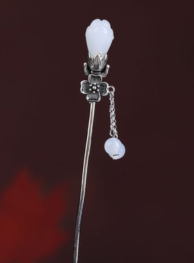 白玉头饰白色古风汉服盘发白玉兰花女士高档发簪发饰丸子头步摇