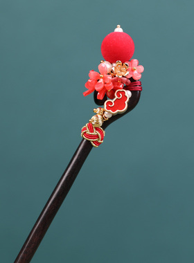 黑檀木红色发簪秀禾服喜庆头饰新娘簪子简约中国风钗子木质簪子女