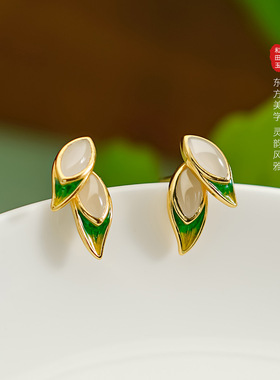 中式925银竹子绿色叶子耳钉女国风和田玉耳饰小众轻奢高级感礼物