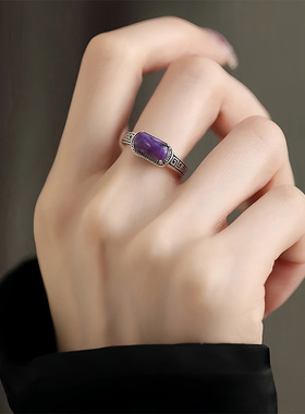 S925银紫龙石回纹马鞍戒指女小众设计复古民族风可调节指环送妈妈