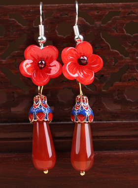 长款流苏耳坠女网红耳饰复古耳环新款红色花朵古风简约景泰蓝饰品