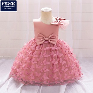 欧美新款 立体花网纱蓬蓬裙生日宝宝周岁洗礼服 女童礼服公主裙无袖